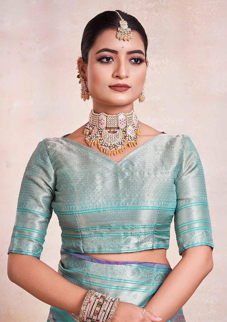 Blue Zari Embroidered Organza Saree Set