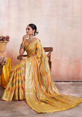 Yellow Ethnic Motifs Embroidery Organza Saree Set