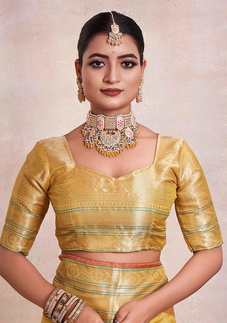 Yellow Ethnic Motifs Embroidery Organza Saree Set