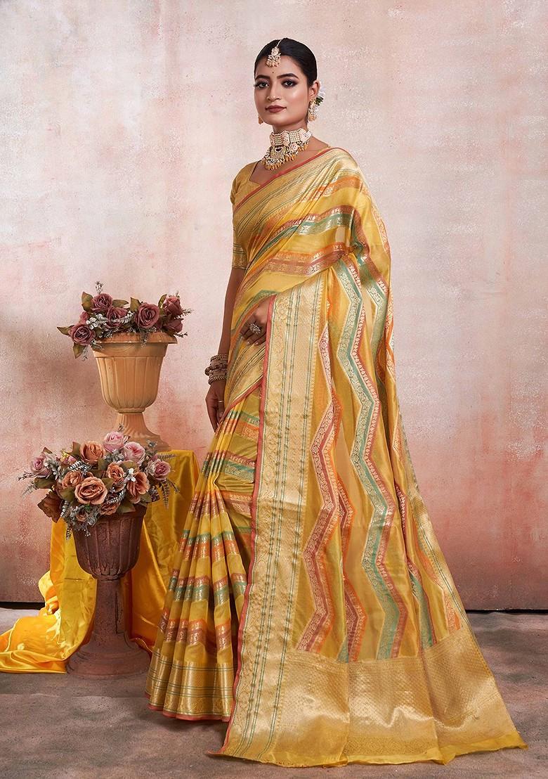 Yellow Ethnic Motifs Embroidery Organza Saree Set