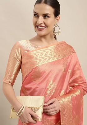 Pink Ethnic Motifs Embroidery Organza Saree Set