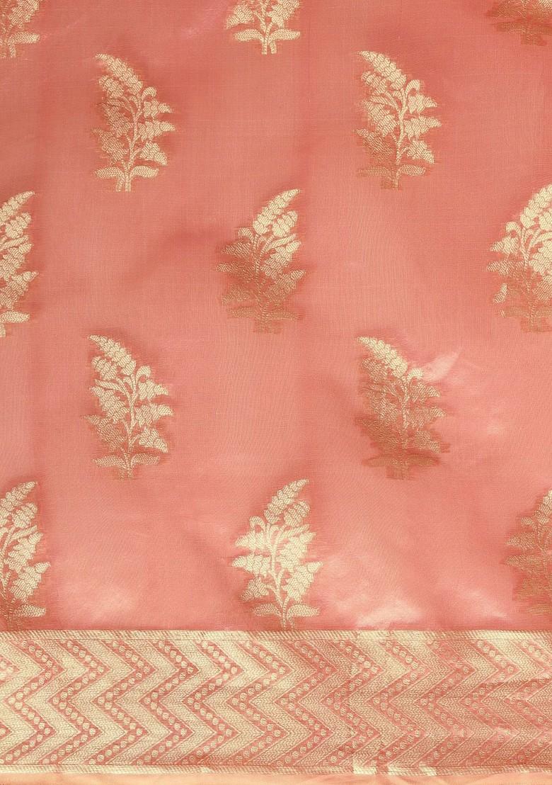 Pink Ethnic Motifs Embroidery Organza Saree Set