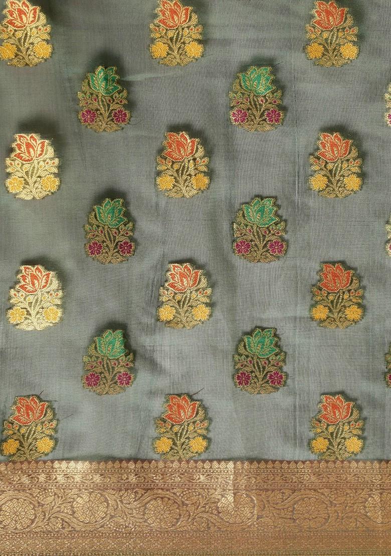 Green Zari Embroidered Organza Saree Set