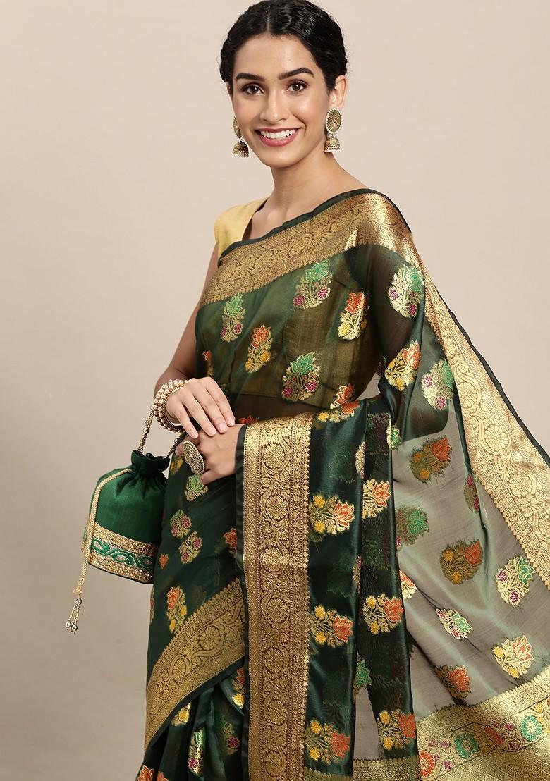 Green Zari Embroidered Organza Saree Set