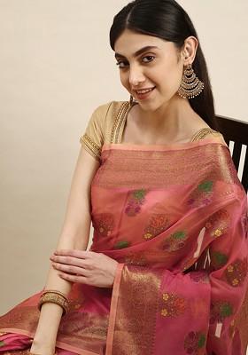 Pink Zari Embroidered Organza Saree Set