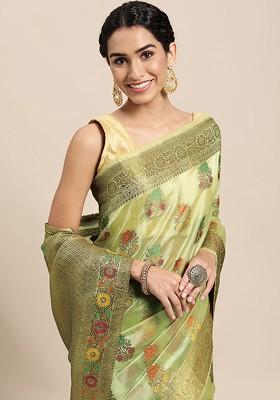 Green Ethnic Motifs Embroidery Organza Saree Set