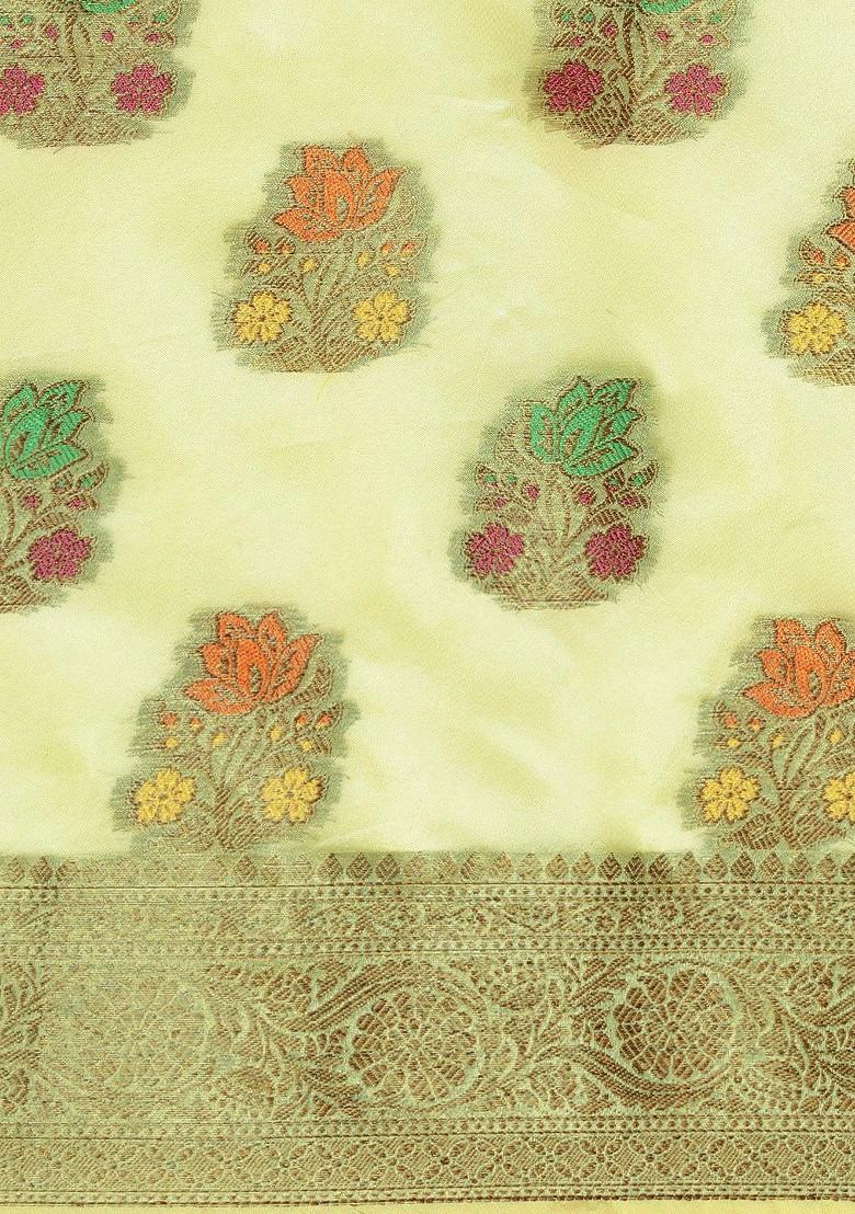 Green Ethnic Motifs Embroidery Organza Saree Set