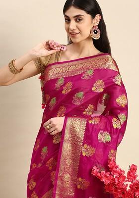 Pink Zari Embroidered Organza Saree Set