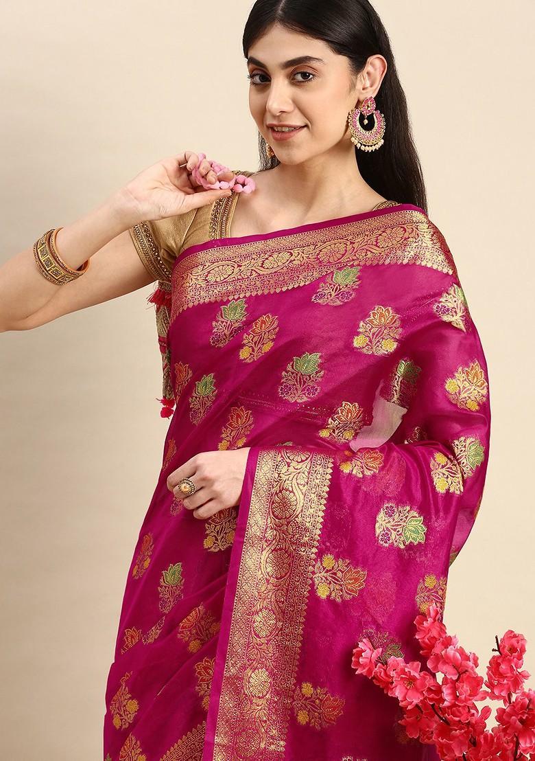 Pink Zari Embroidered Organza Saree Set