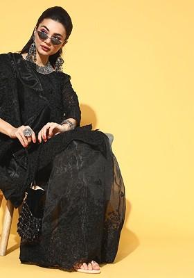 Black Ethnic Motifs Embroidery Poly Blend Saree Set