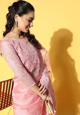 Pink Ethnic Motifs Embroidery Poly Blend Saree Set