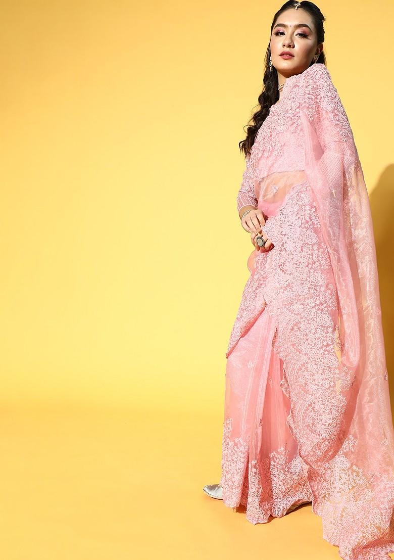 Pink Ethnic Motifs Embroidery Poly Blend Saree Set