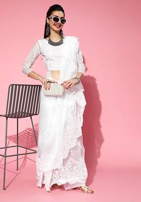 White Ethnic Motifs Embroidery Poly Blend Saree Set