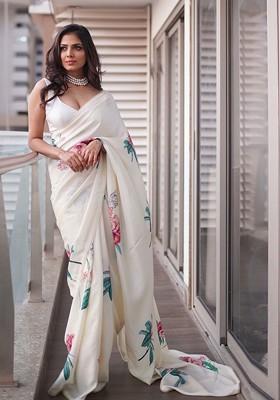 Cream Floral Print Satin Saree Set