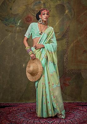 Turquoise Weaving Cotton Saree Set
