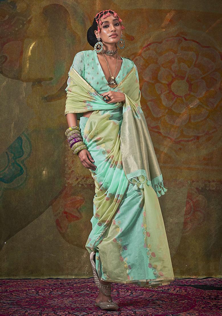 Turquoise Weaving Cotton Saree Set