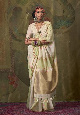 Cream Weaving Cotton Saree Set