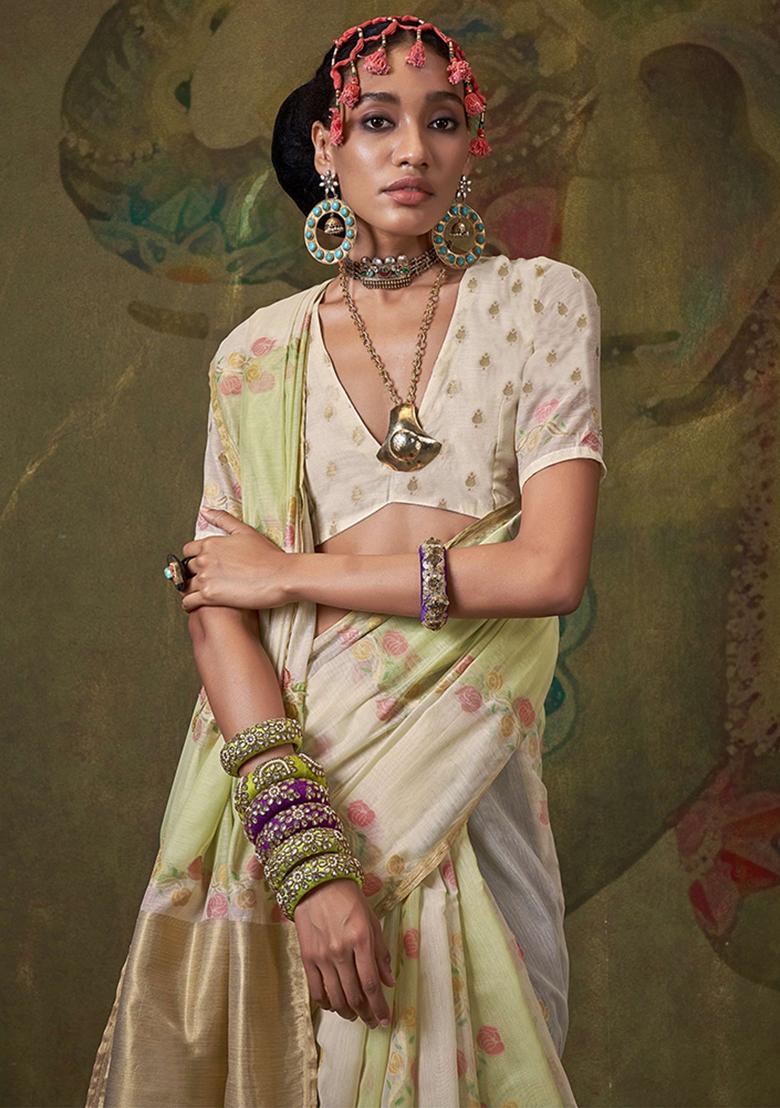 Cream Weaving Cotton Saree Set