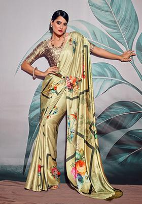 Cream Floral Print satin Saree Set