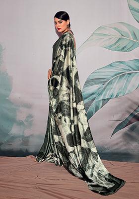 Black Floral Print satin Saree Set