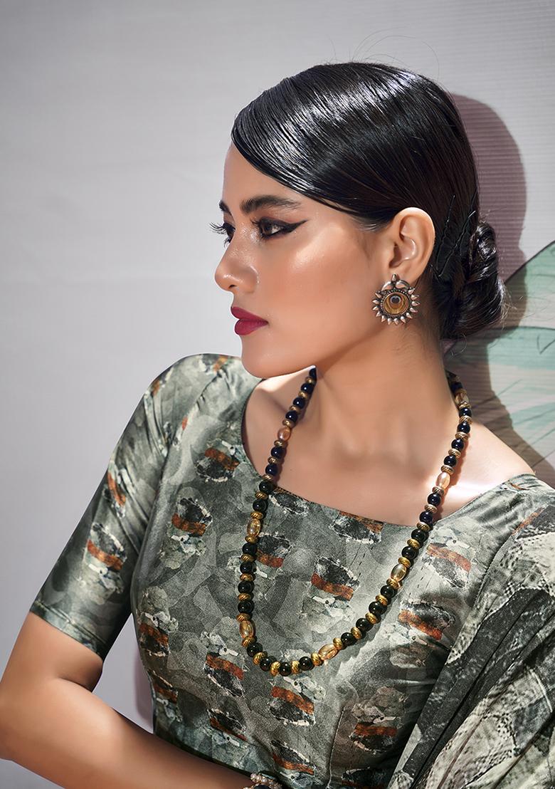 Black Floral Print satin Saree Set