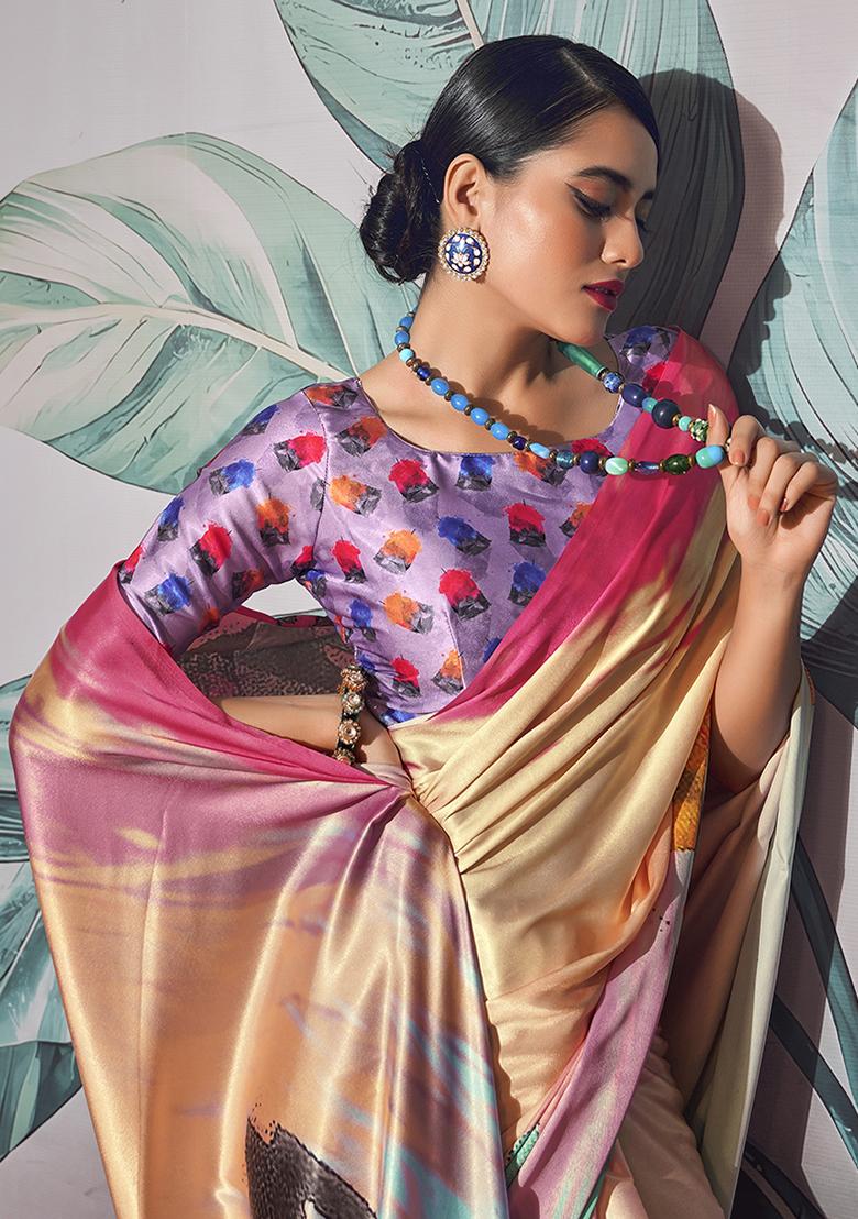 Multicolor Abstract Print satin Saree Set