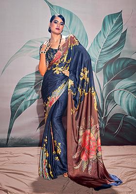 Navy Blue Floral Print satin Saree Set