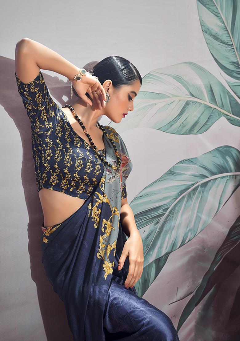 Navy Blue Floral Print satin Saree Set