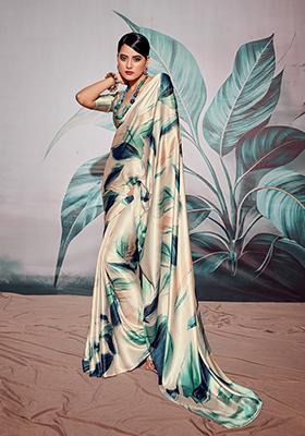 Off White Floral Print satin Saree Set