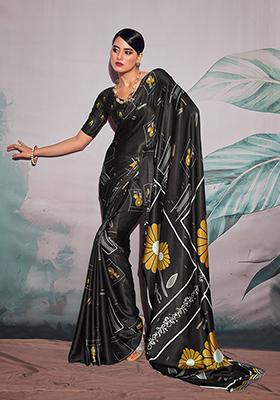 Black Floral Print satin Saree Set