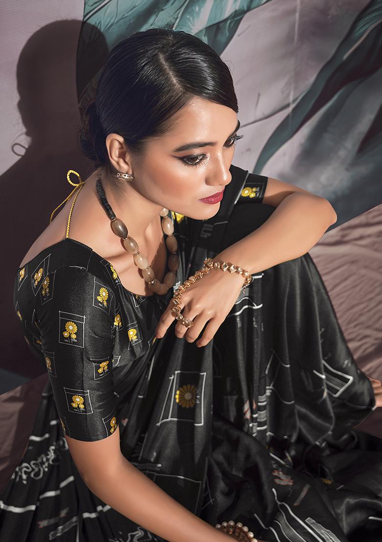 Black Floral Print satin Saree Set