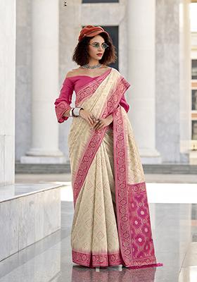 Cream Weaving Silk Saree Set