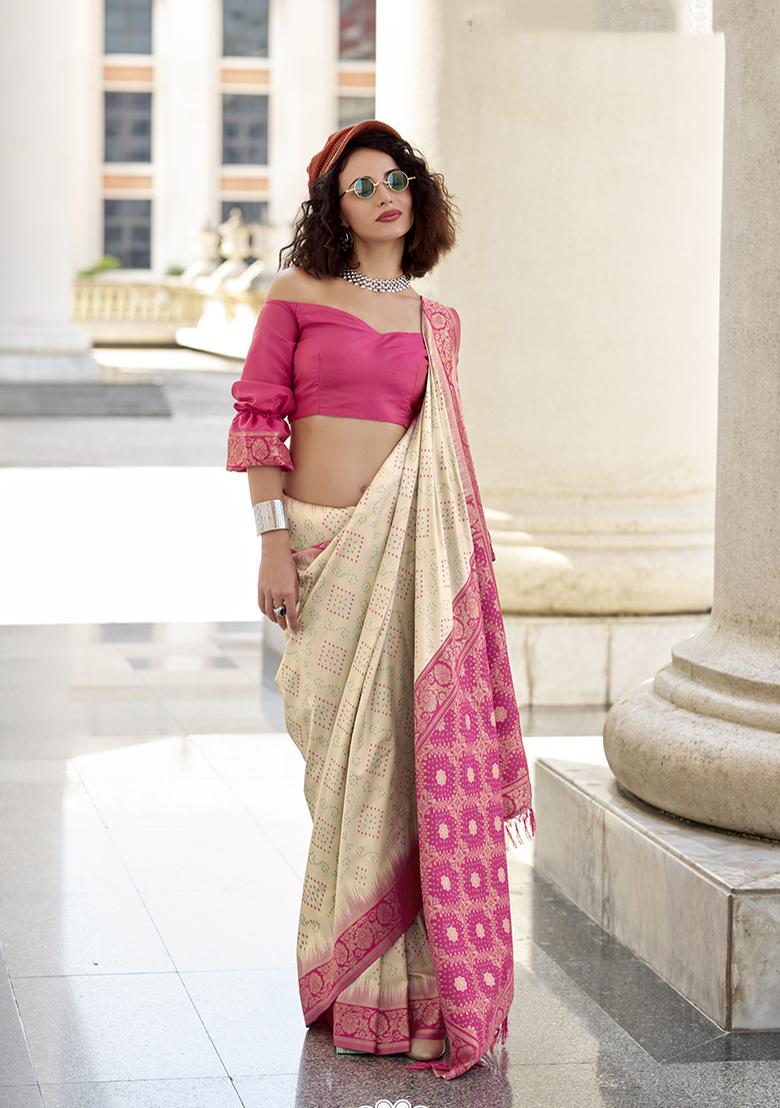 Cream Weaving Silk Saree Set