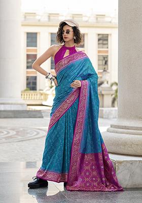 Blue Weaving Silk Saree Set
