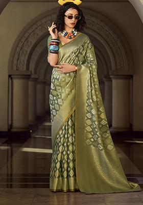 Dark Green Weaving Tissue Silk Saree Set