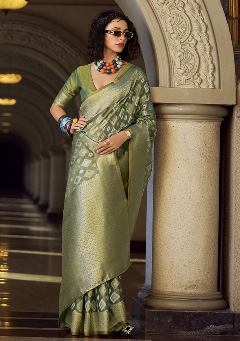 Dark Green Weaving Tissue Silk Saree Set