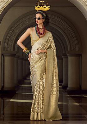 Beige Weaving Tissue Silk Saree Set