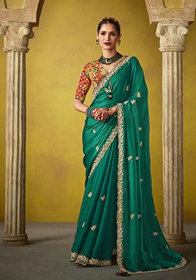 Teal Green Embroidered Tissue Silk Saree Set