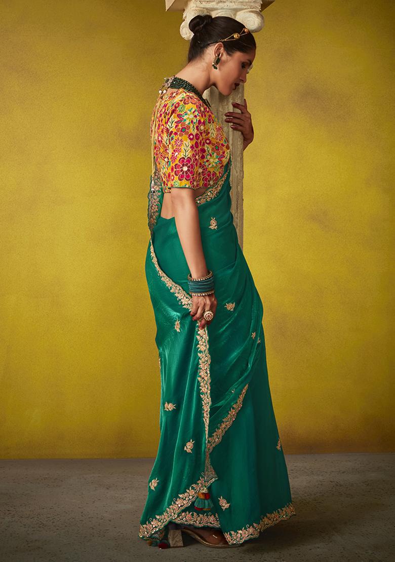 Teal Green Embroidered Tissue Silk Saree Set