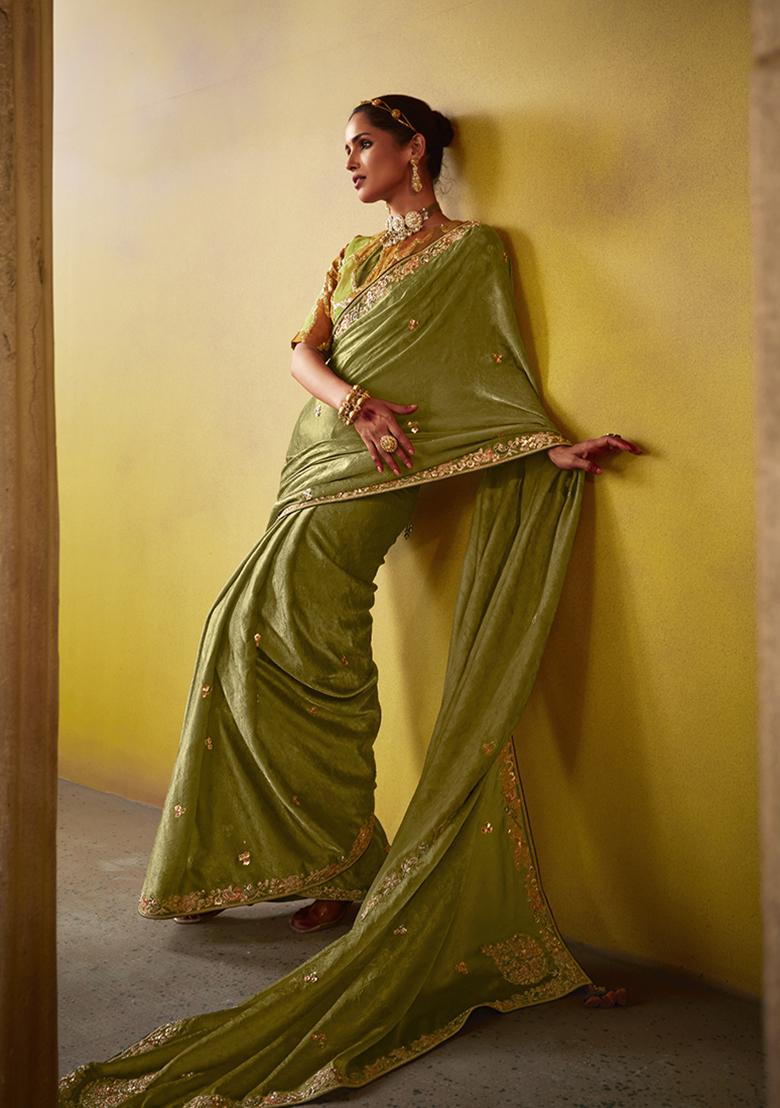 Olive Green Embroidered Tissue Silk Saree Set
