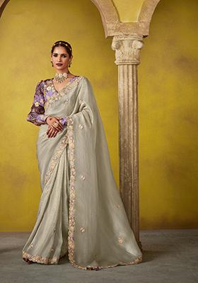 Silver Embroidered Tissue Silk Saree Set