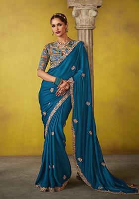 Blue Embroidered Tissue Silk Saree Set