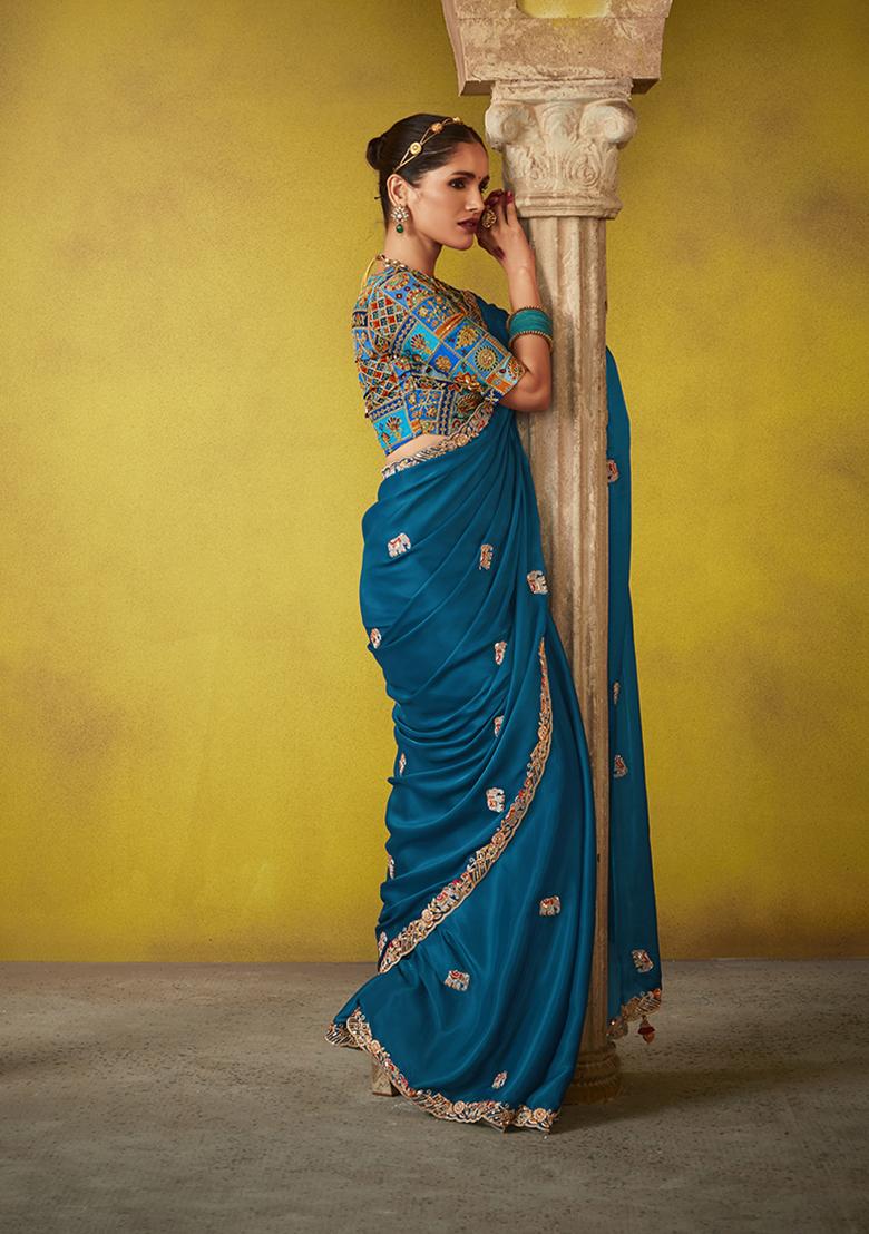 Blue Embroidered Tissue Silk Saree Set