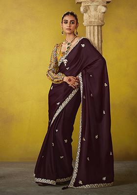 Wine Embroidered Tissue Silk Saree Set