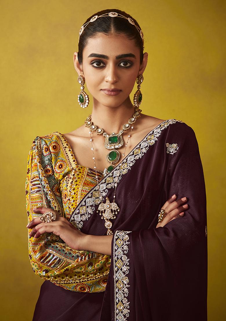 Wine Embroidered Tissue Silk Saree Set