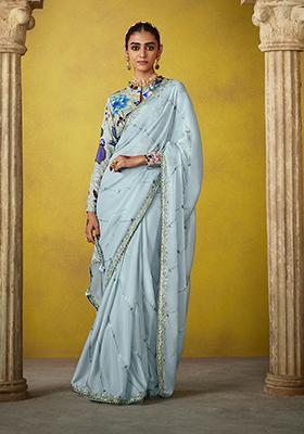 Aqua Blue Embroidered Tissue Silk Saree Set
