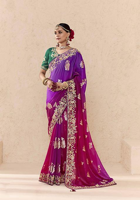 Purple And Rani Embroidered viscose Saree Set