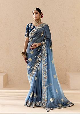 Blue And Grey Embroidered viscose Saree Set