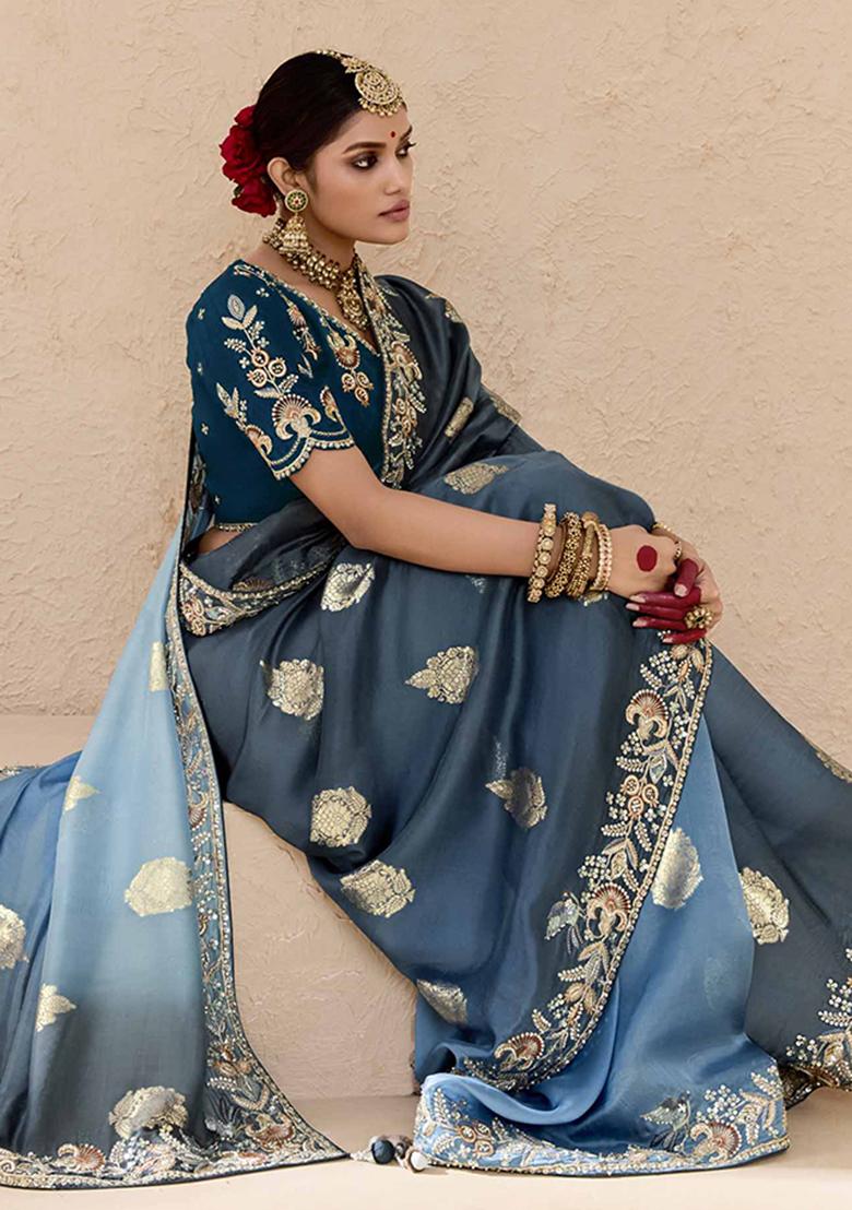 Blue And Grey Embroidered viscose Saree Set