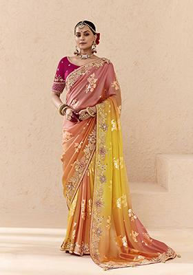 Peach And Yellow Embroidered viscose Saree Set